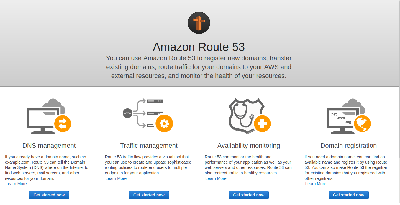 Amazon Route 53 console page