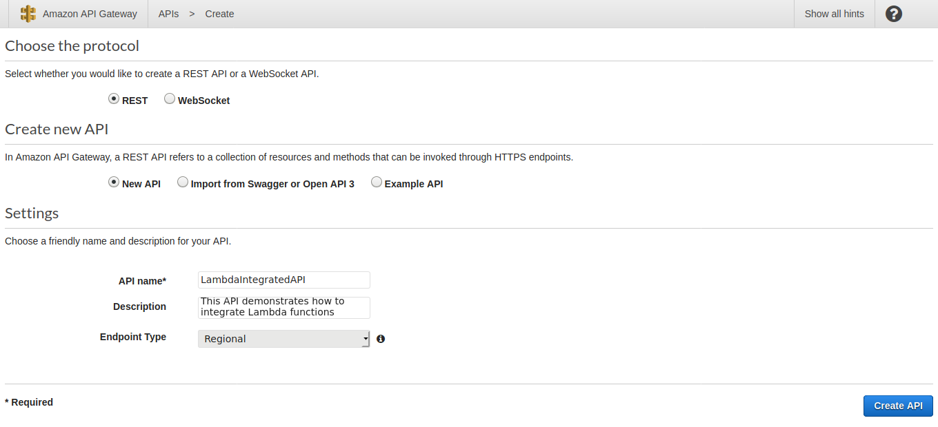 Amazon API Gateway creation screen