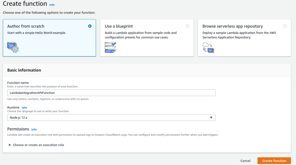 AWS Lambda creation screen