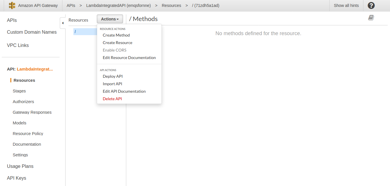 Actions available in the API Gateway