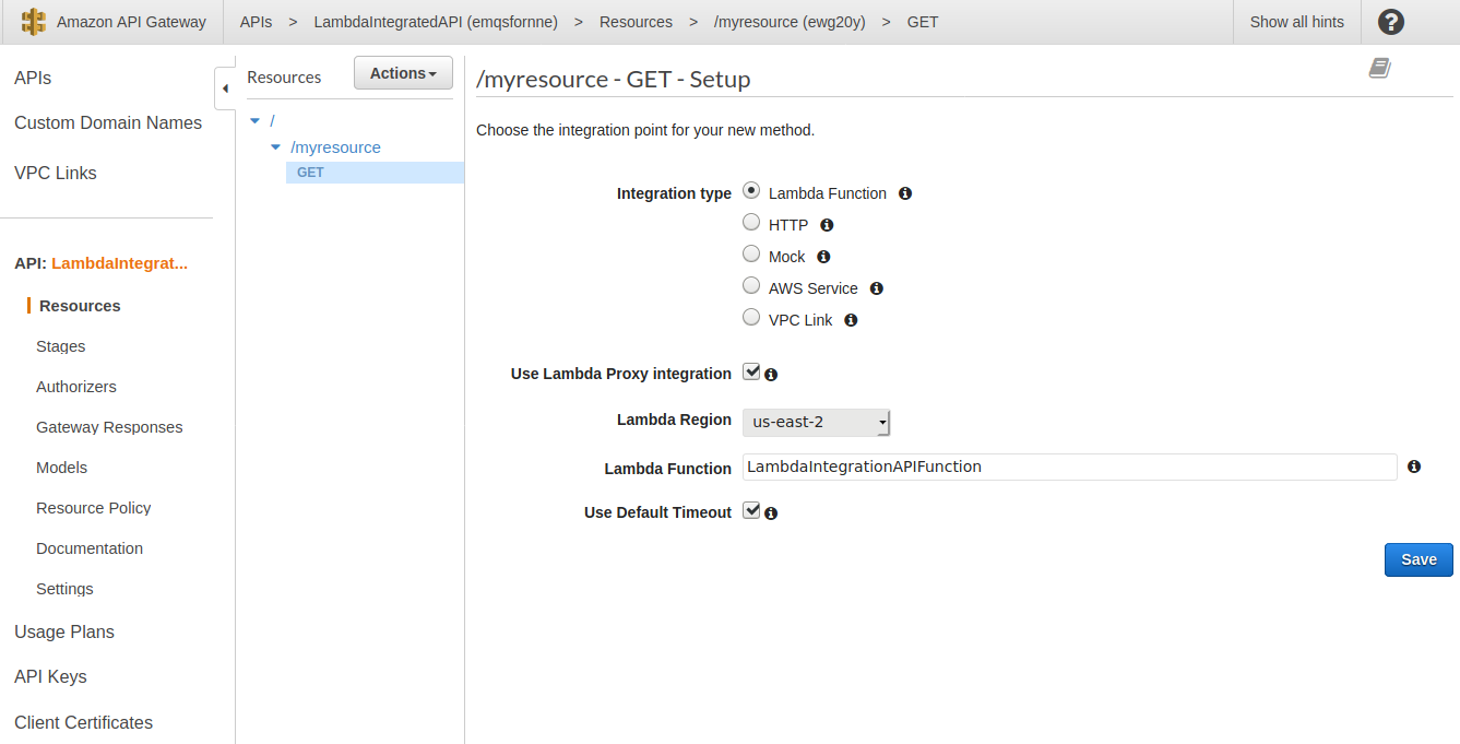 API Gateway method creation